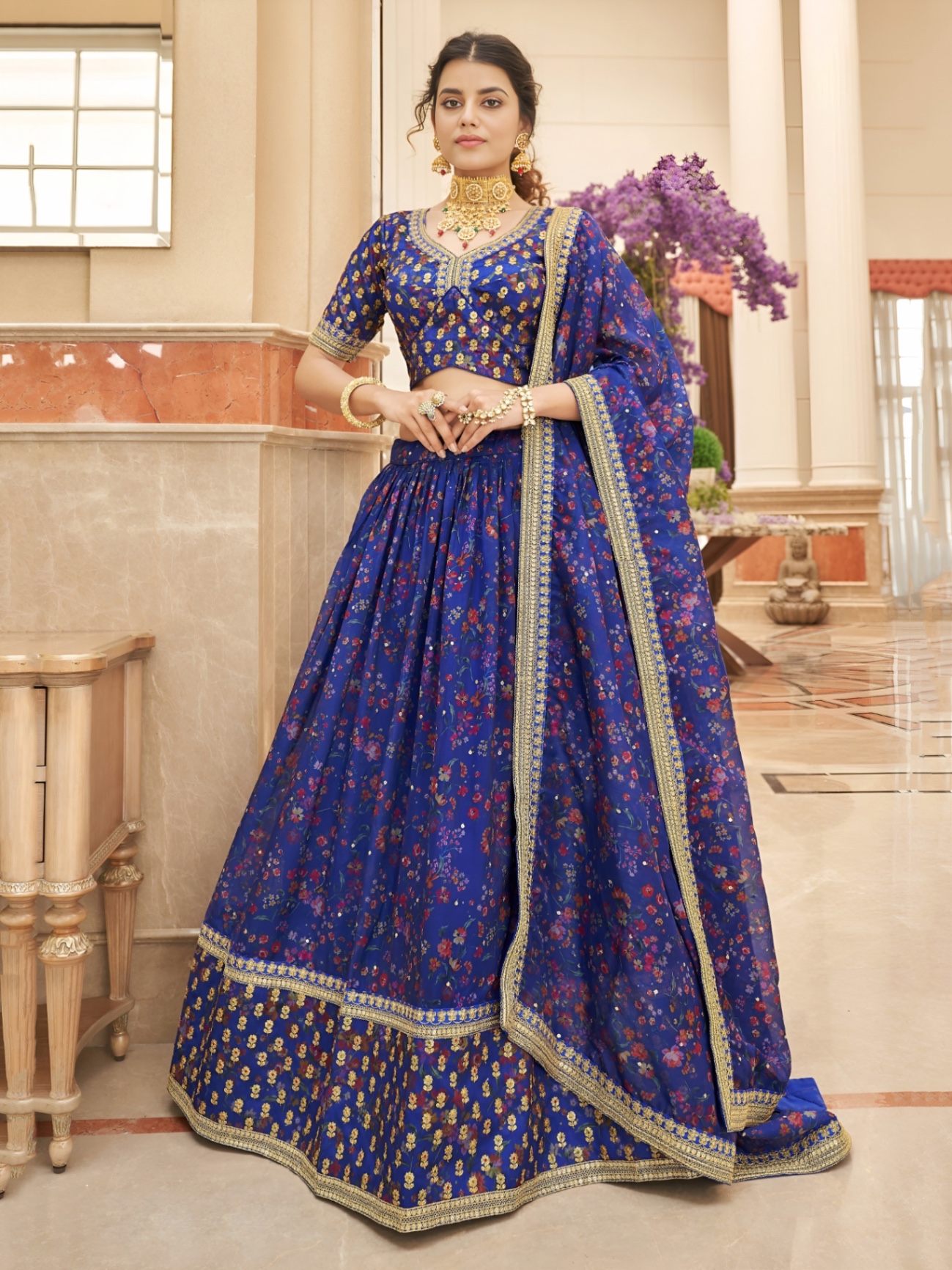 Navy Blue Organza Lehenga
